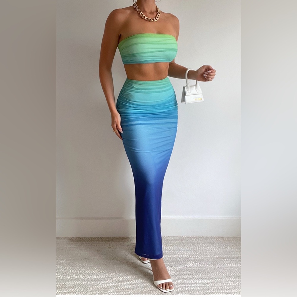 Runaway the Label Green/Blue Ombre Kendall Top & Midi Skirt Set XS